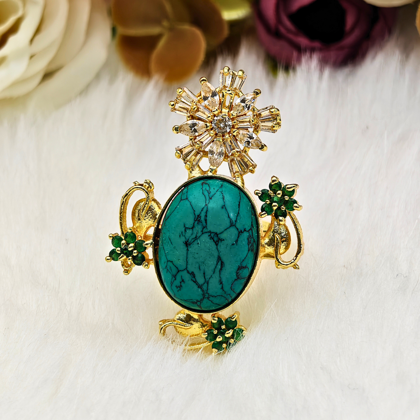 Premium Gold-Plated Brass Ring with Turquoise Natural Stone – Floral CZ-Studded Statement Ring for Women