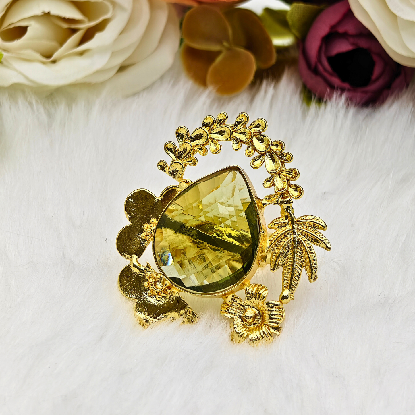 Premium Gold-Plated Brass Ring with Yellow Teardrop Natural Stone – Floral & Leaf Designer Adjustable Statement Ring for Women