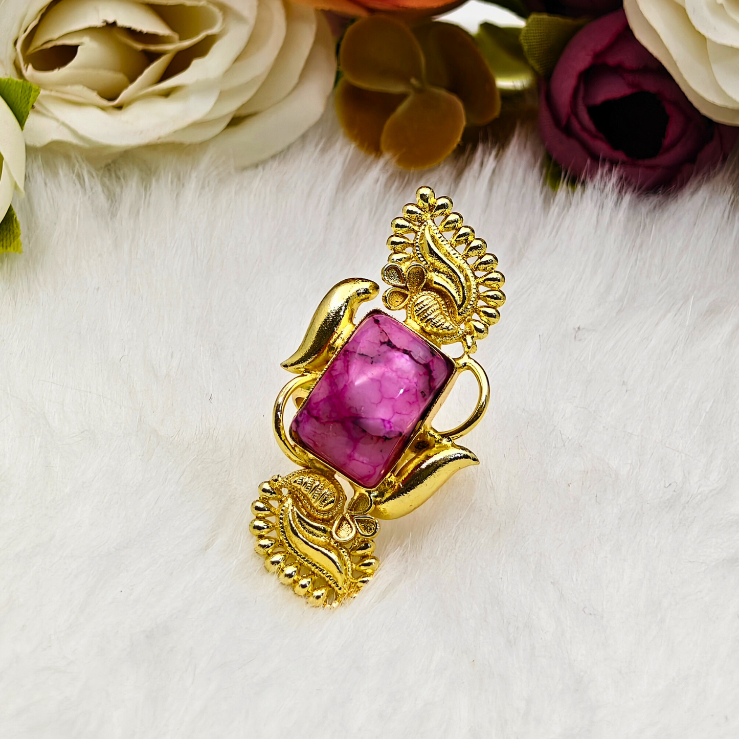 Premium Gold-Plated Brass Ring with Pink Natural Stone – Antique Paisley Motif Adjustable Statement Ring for Women