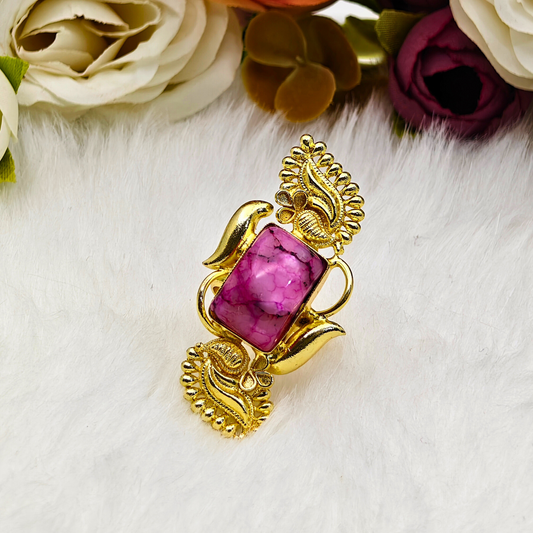 Premium Gold-Plated Brass Ring with Pink Natural Stone – Antique Paisley Motif Adjustable Statement Ring for Women