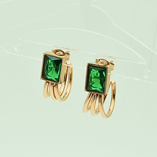 Luxury 18K Rose Gold Plated Triple Hoop Earrings with Emerald Green Crystal – Elegant Anti-Tarnish Stainless Steel ATEr217
