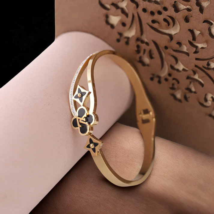 18K Gold LV-Inspired Anti-Tarnish Bangle – Black & Crystal Accents Lucky 7 Daily-Wear Bracelet