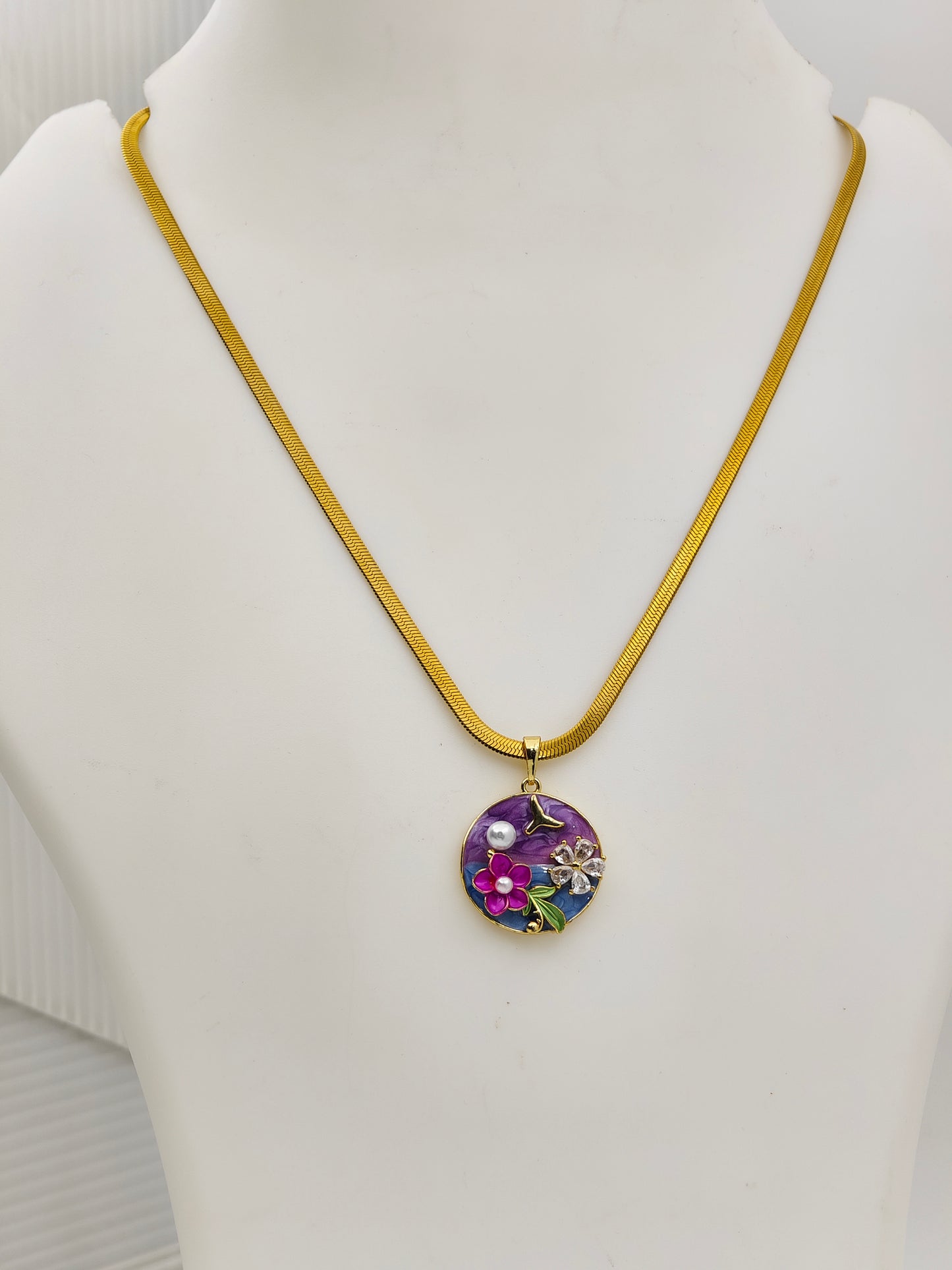 Divine Shine 18K Gold Plated Enamel Pearl Pendant Necklace | Anti-Tarnish Snake Chain for Women | Attract Elegance, Luck & Love