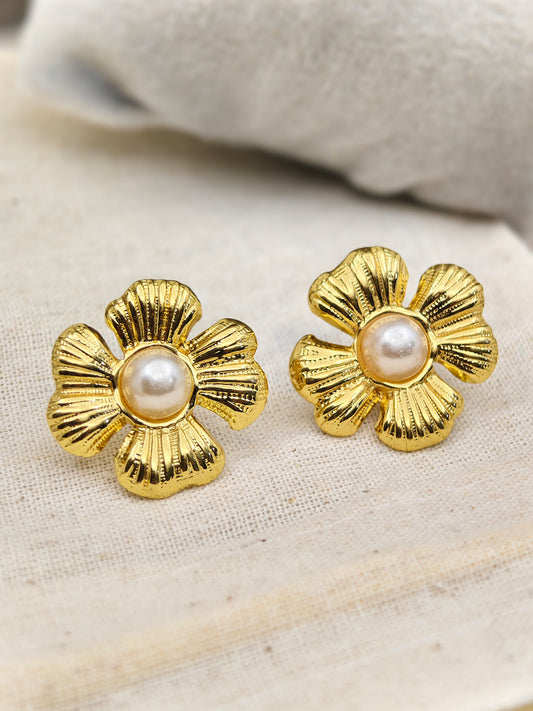 18K Gold Plated Floral Pearl Stud Earrings – Timeless Glamour