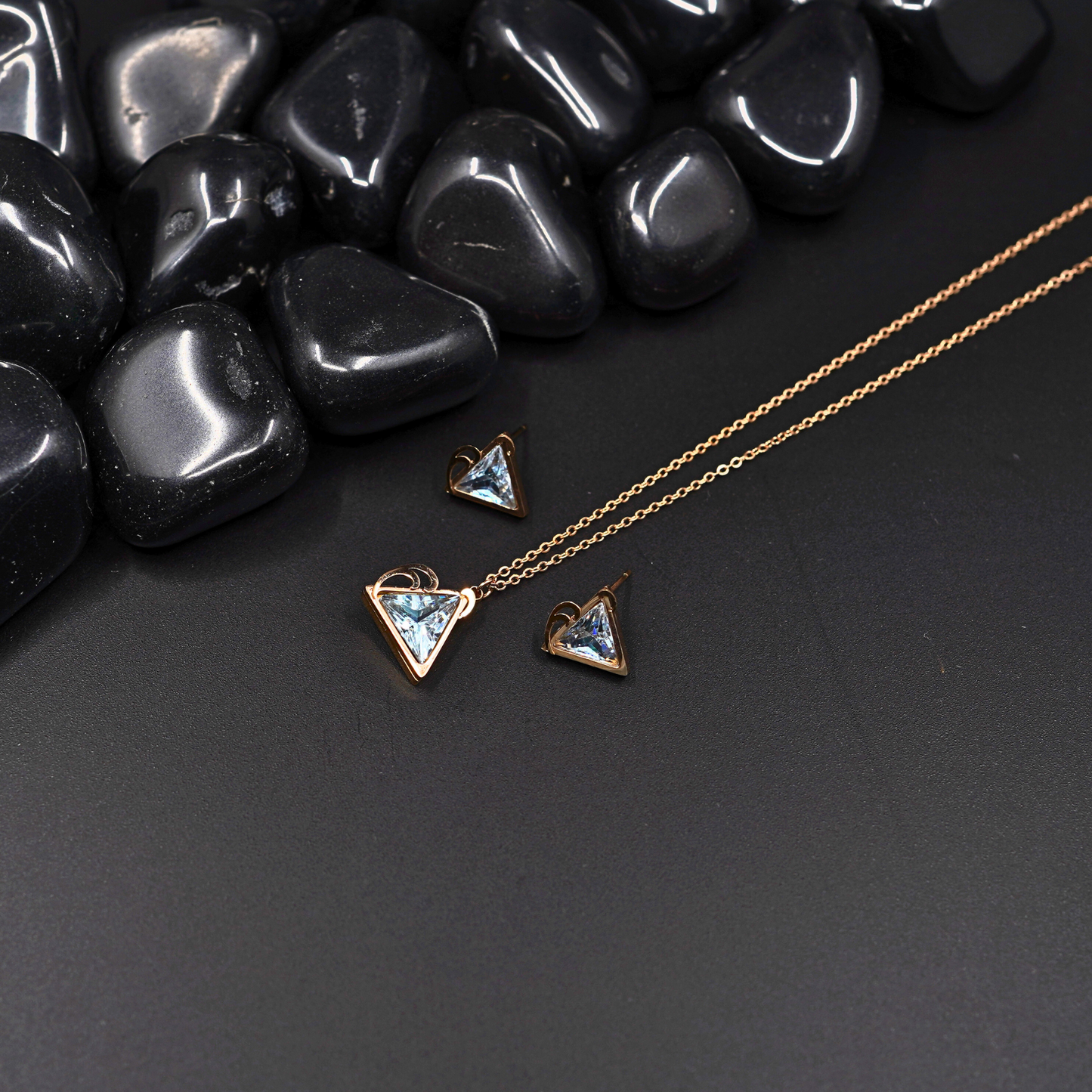 Geometric Elegance: 18K Rose Gold-Plated Anti-Tarnish Necklace and Earring Set with Triangle stone studded Pendants ATCP124