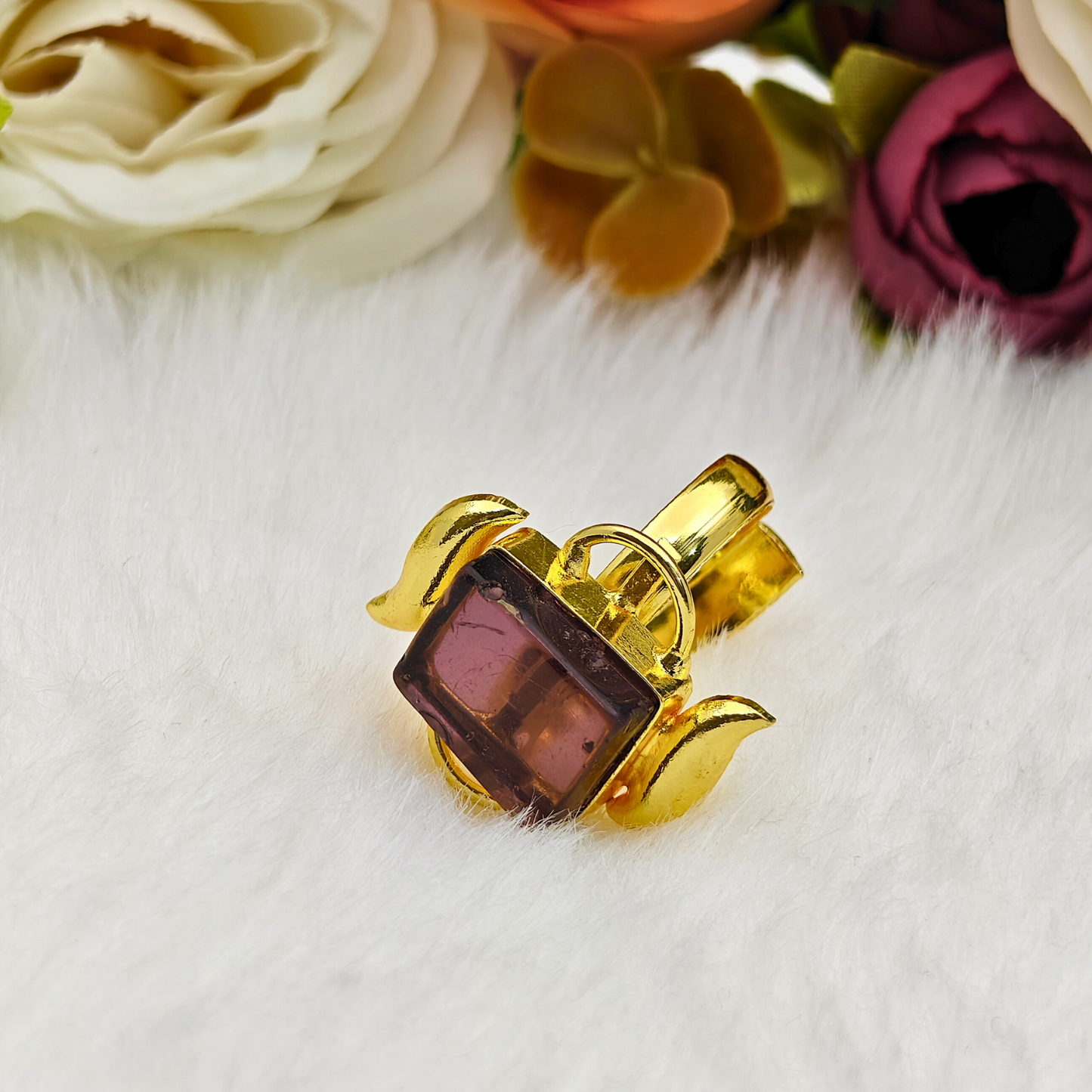Premium Gold-Plated Adjustable Brass Ring with Natural Stone β Statement Ethnic Jewelry for Women