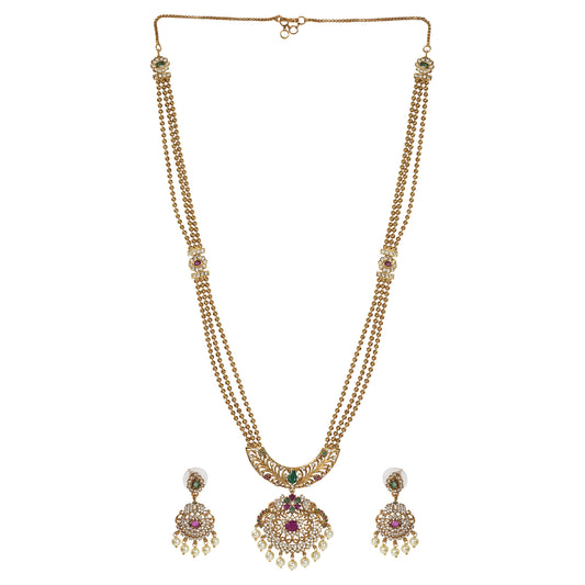 Maitrayee Antique Matte Gold Plated Long Necklace Set with Flower Motif