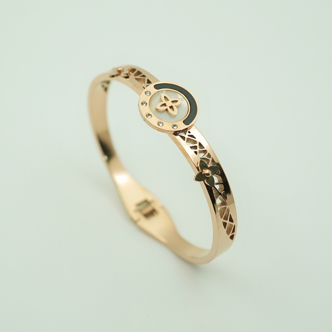 Elegant 18K Rose Gold Plated Anti-Tarnish Bangle with Floral and Crescent Design – Crystal Accented Luxury Jewelry RGB361
