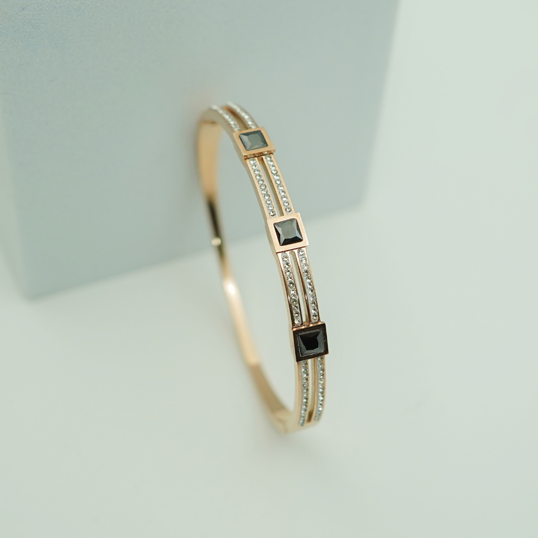 Rose Gold-Plated Geometric Crystal Bangle with Double Row Design RGB363