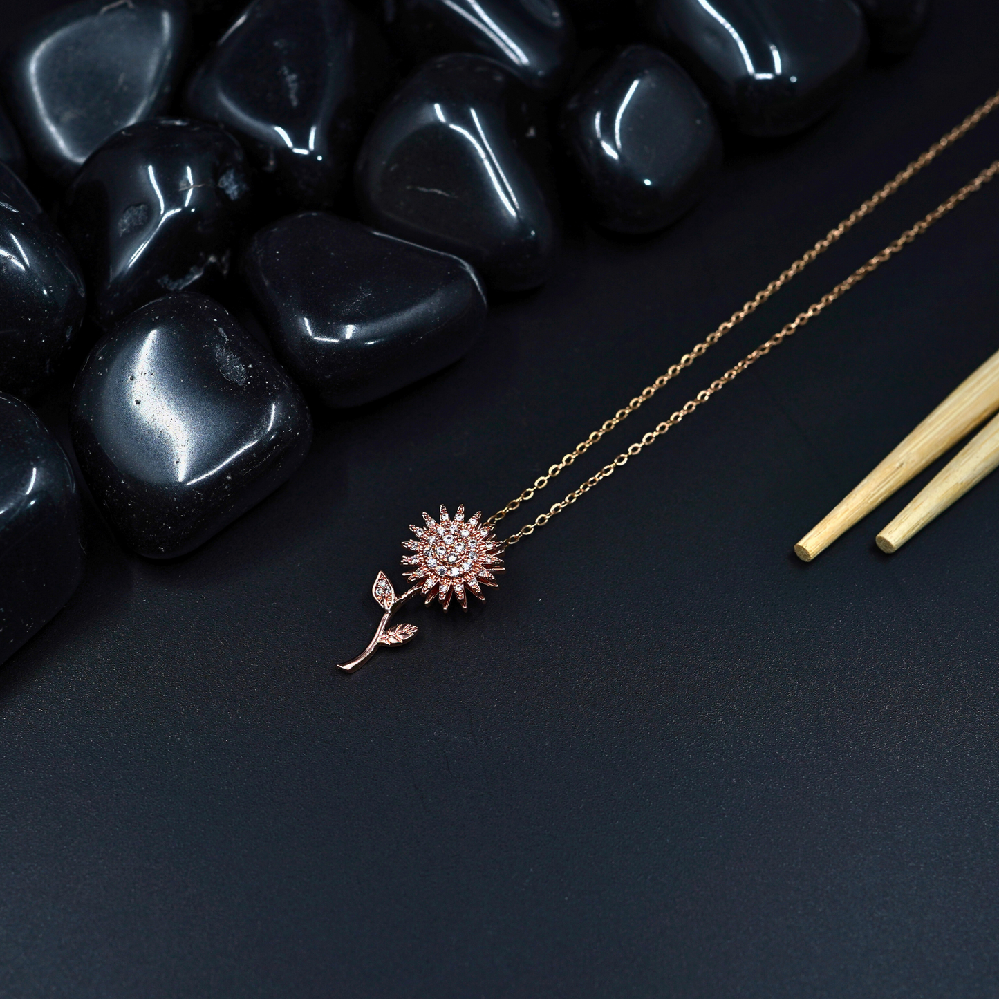 Garden Serenity: 18K Rose Gold Plated Chain Pendant Necklace with Spinner Flower Leaf Pendant ATCP106