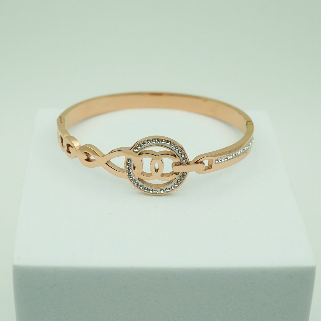 18K Rose Gold-Plated Anti-Tarnish Bangle with Engraved Chanel-Inspired Logo and Sparkling Crystal Halo Accents