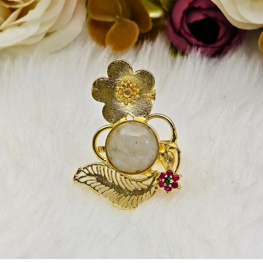 Handcrafted Gold-Plated Brass Ring with Natural Stone – Floral Designer Statement Ring for Women