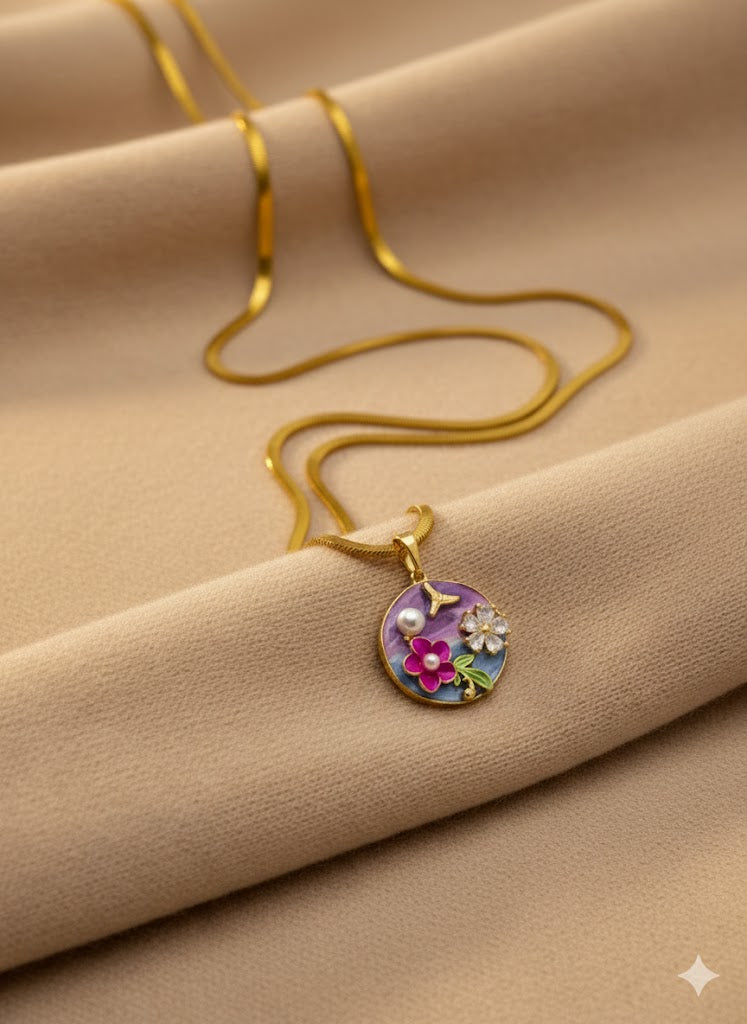 Divine Shine 18K Gold Plated Enamel Pearl Pendant Necklace | Anti-Tarnish Snake Chain for Women | Attract Elegance, Luck & Love