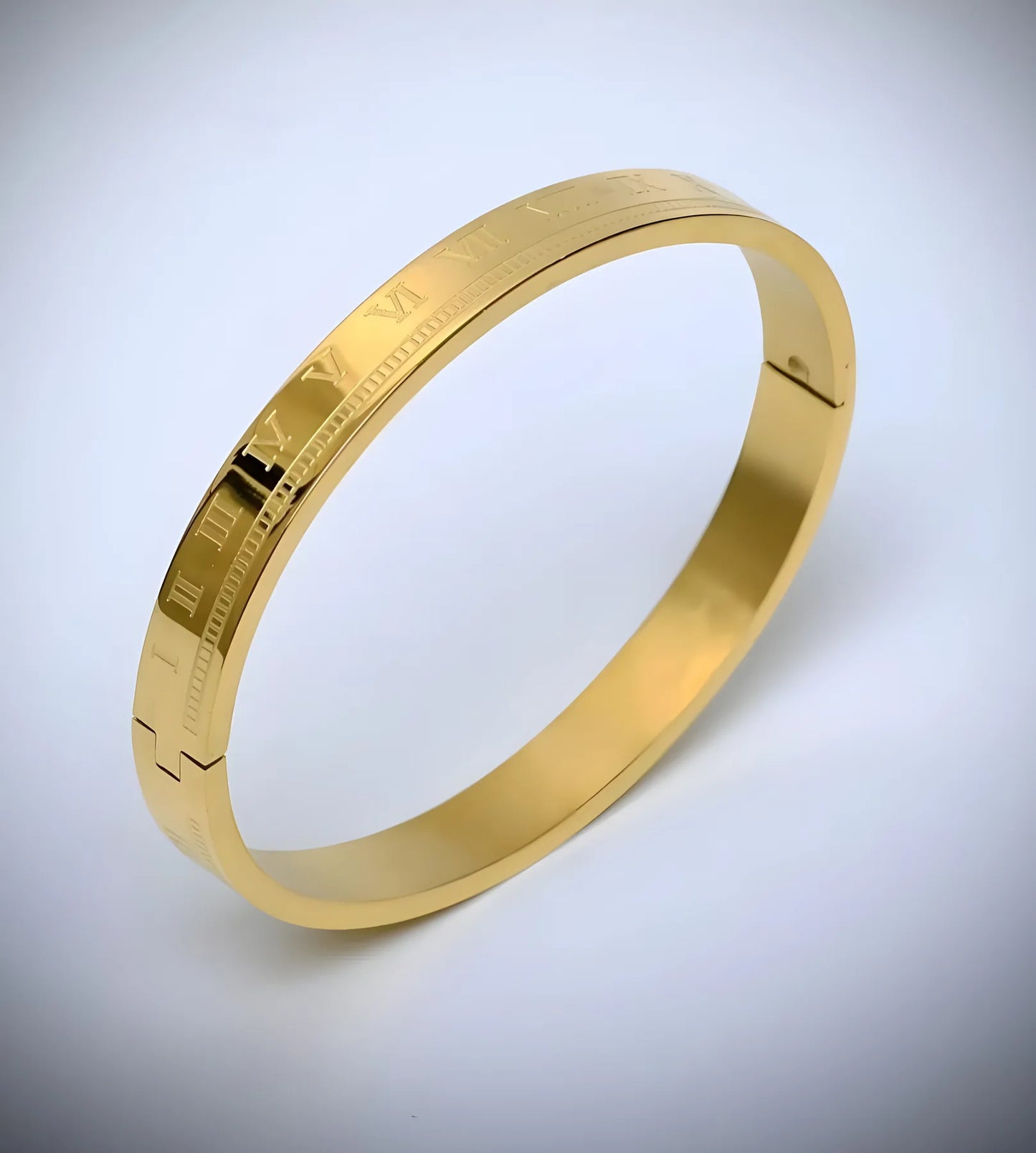 Luxury 18K Gold Plated Roman Numeral Bangle – Timeless & Elegant Anti-Tarnish Bracelet RGB407