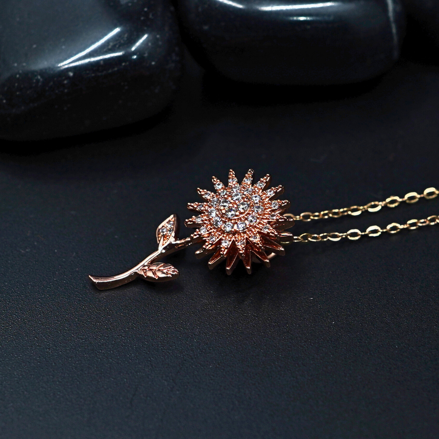 Garden Serenity: 18K Rose Gold Plated Chain Pendant Necklace with Spinner Flower Leaf Pendant ATCP106