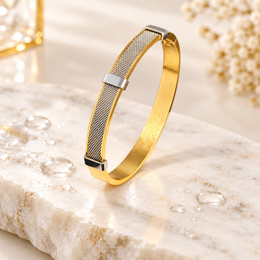 Menβs Dual-Tone Gold & Silver Mesh Bracelet β Minimalist Designer Bangle for Everyday & Party Wear