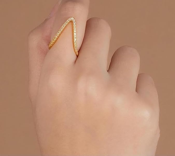 18K Gold Plated Anti-Tarnish V Ring – Elegant Minimalist Open Ring with Crystal Accents for Women