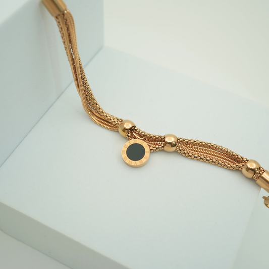 18K Rose Gold Plated Multi-Chain Tassel Bracelet with Roman Numeral Charm – Anti-Tarnish Statement Jewellery for Women