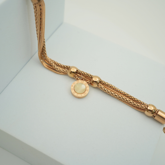 18K Rose Gold Plated Multi-Chain Tassel Bracelet with Roman Numeral Charm – Anti-Tarnish Statement Jewellery for Women