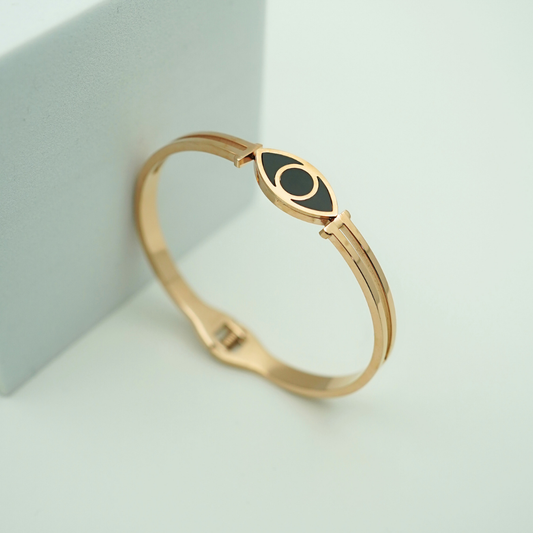 Elegant Gold Anti-Tarnish Evil Eye Bangle with Black Enamel Detailing RGB372