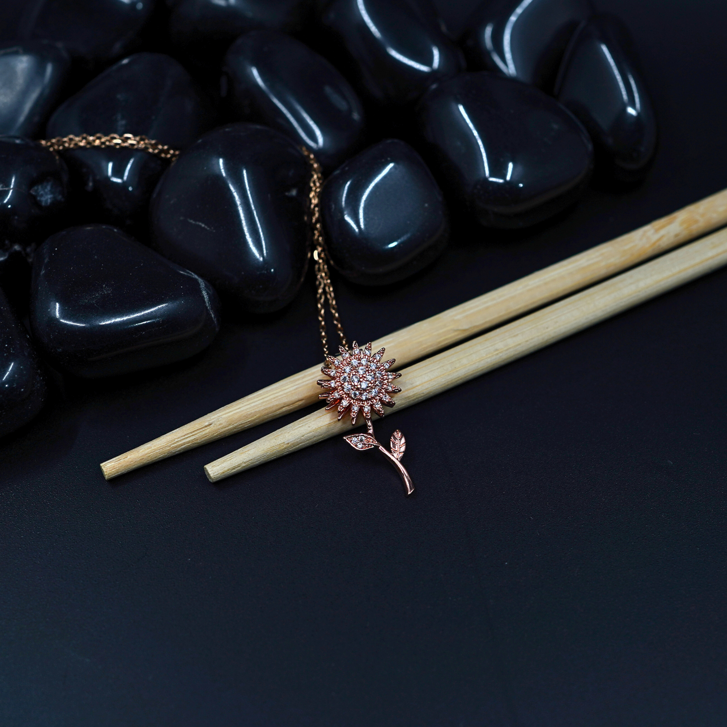 Garden Serenity: 18K Rose Gold Plated Chain Pendant Necklace with Spinner Flower Leaf Pendant ATCP106