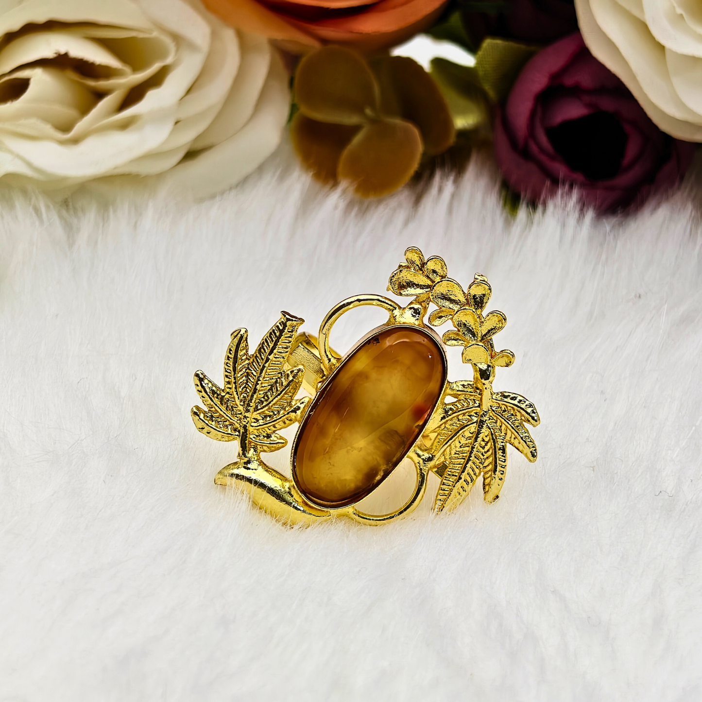 Handcrafted Gold-Plated Brass Ring with Oval Natural Stone – Leaf Motif Designer Statement Ring for Women