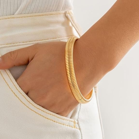 18K Gold Plated Stretch Flex Snake Chain Bracelet – Elegant & Durable Expandable Bangle RGB408