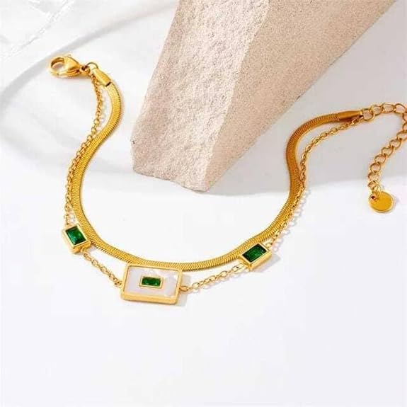 Luxury 18K Gold Plated Anti-Tarnish Double Layer Bracelet with Green Zircon & Shell Charm – Elegant Stainless Steel Jewelry for Women RGB404