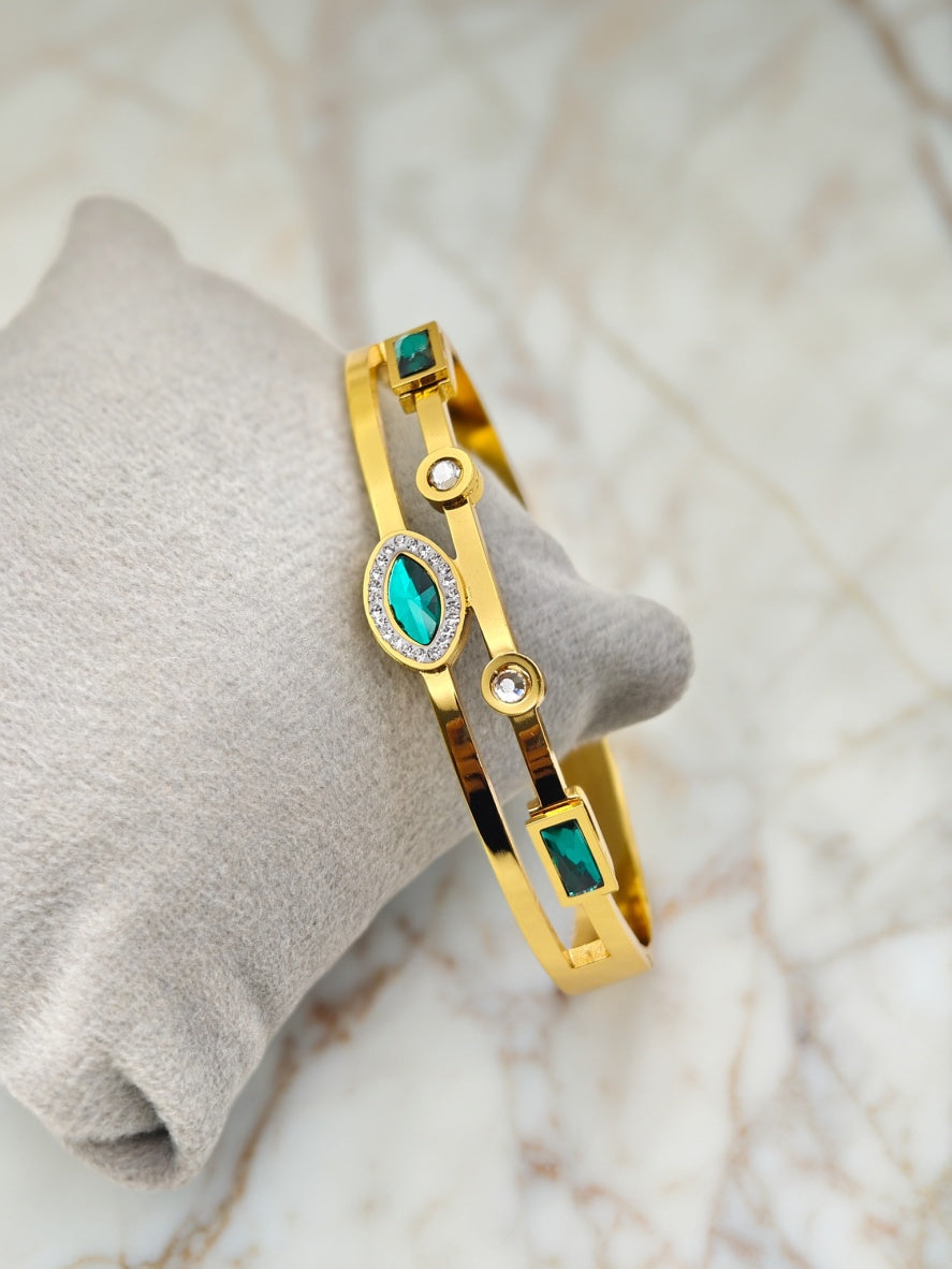 18K Yellow Gold Plated Anti-Tarnish Green Crystal Bangle – Elegant Designer Bracelet for Women with Geometric Accents