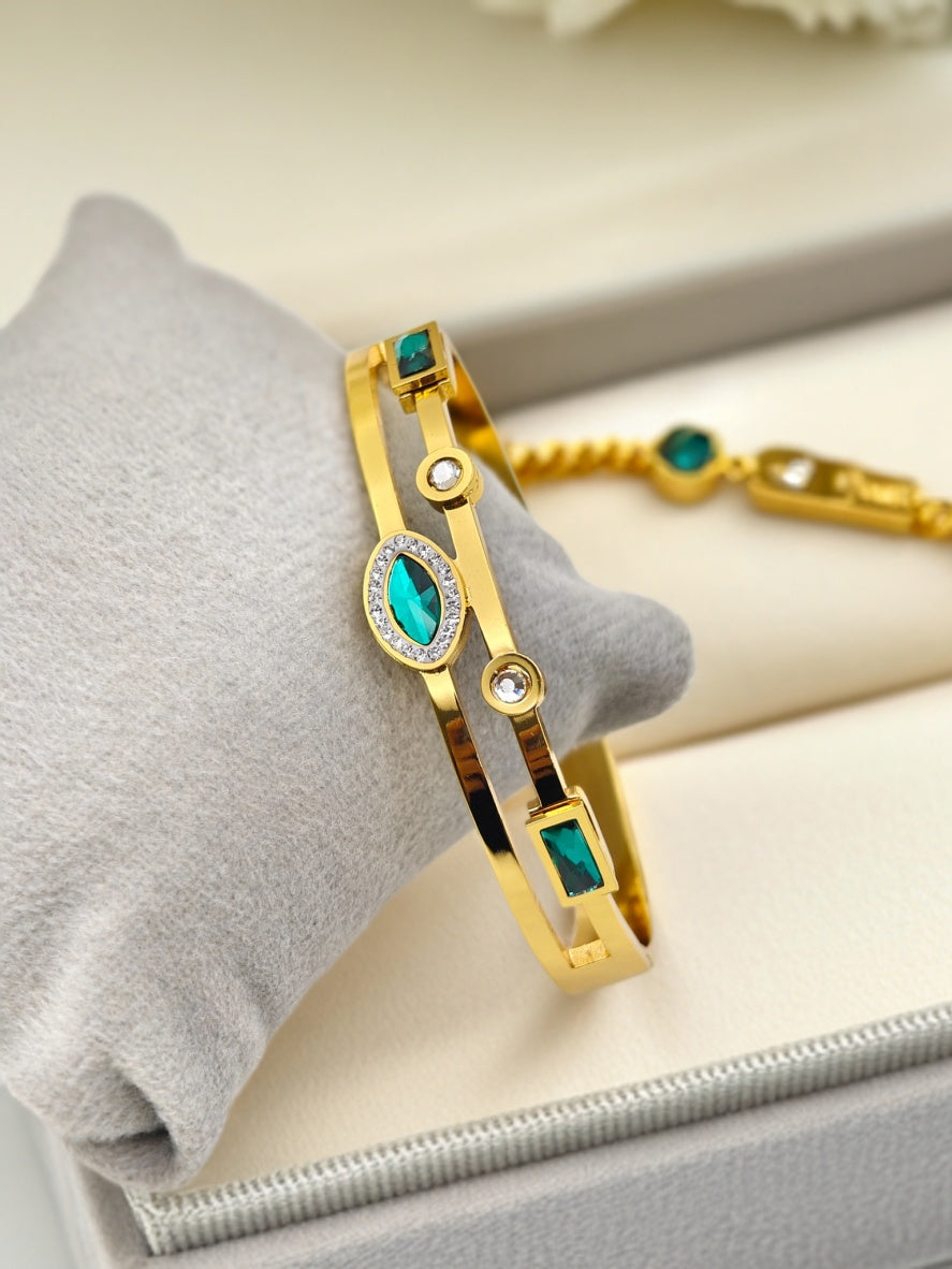 18K Yellow Gold Plated Anti-Tarnish Green Crystal Bangle – Elegant Designer Bracelet for Women with Geometric Accents