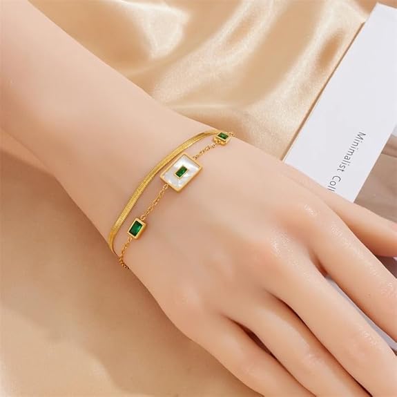 Luxury 18K Gold Plated Anti-Tarnish Double Layer Bracelet with Green Zircon & Shell Charm – Elegant Stainless Steel Jewelry for Women RGB404