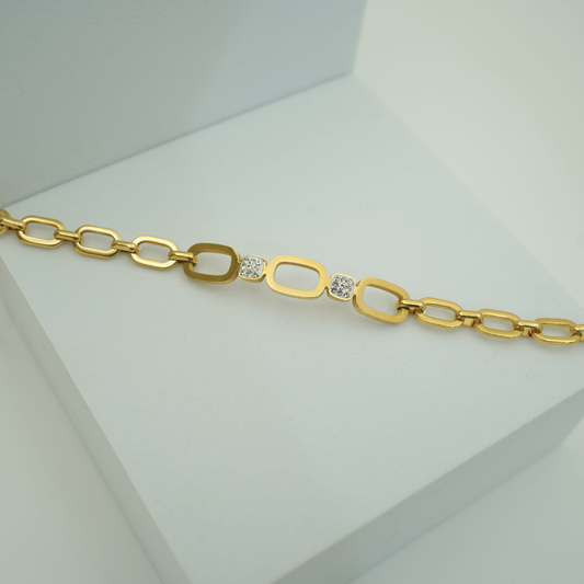 18K Gold Plated Anti-Tarnish Geometric Link Bracelet with Sparkling CZ Accents – Elegant Everyday Chain for Women RGB483