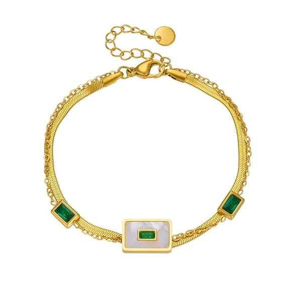Luxury 18K Gold Plated Anti-Tarnish Double Layer Bracelet with Green Zircon & Shell Charm – Elegant Stainless Steel Jewelry for Women RGB404