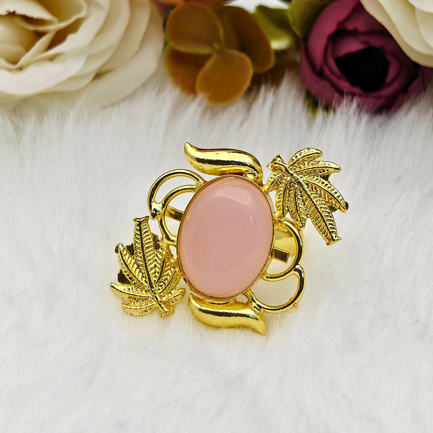 Premium Gold-Plated Brass Ring with Pink Natural Stone β Elegant Leaf Motif Adjustable Statement Ring for Women