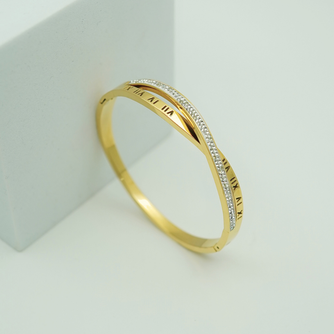Luxury 18K Gold Plated Anti-Tarnish Roman Numeral Bangle with Pave Crystal Accents RGB368