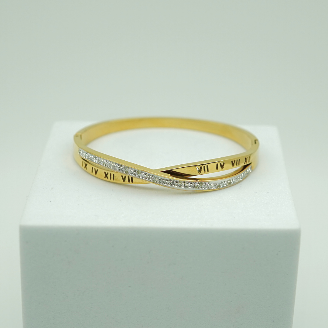 Luxury 18K Gold Plated Anti-Tarnish Roman Numeral Bangle with Pave Crystal Accents RGB368