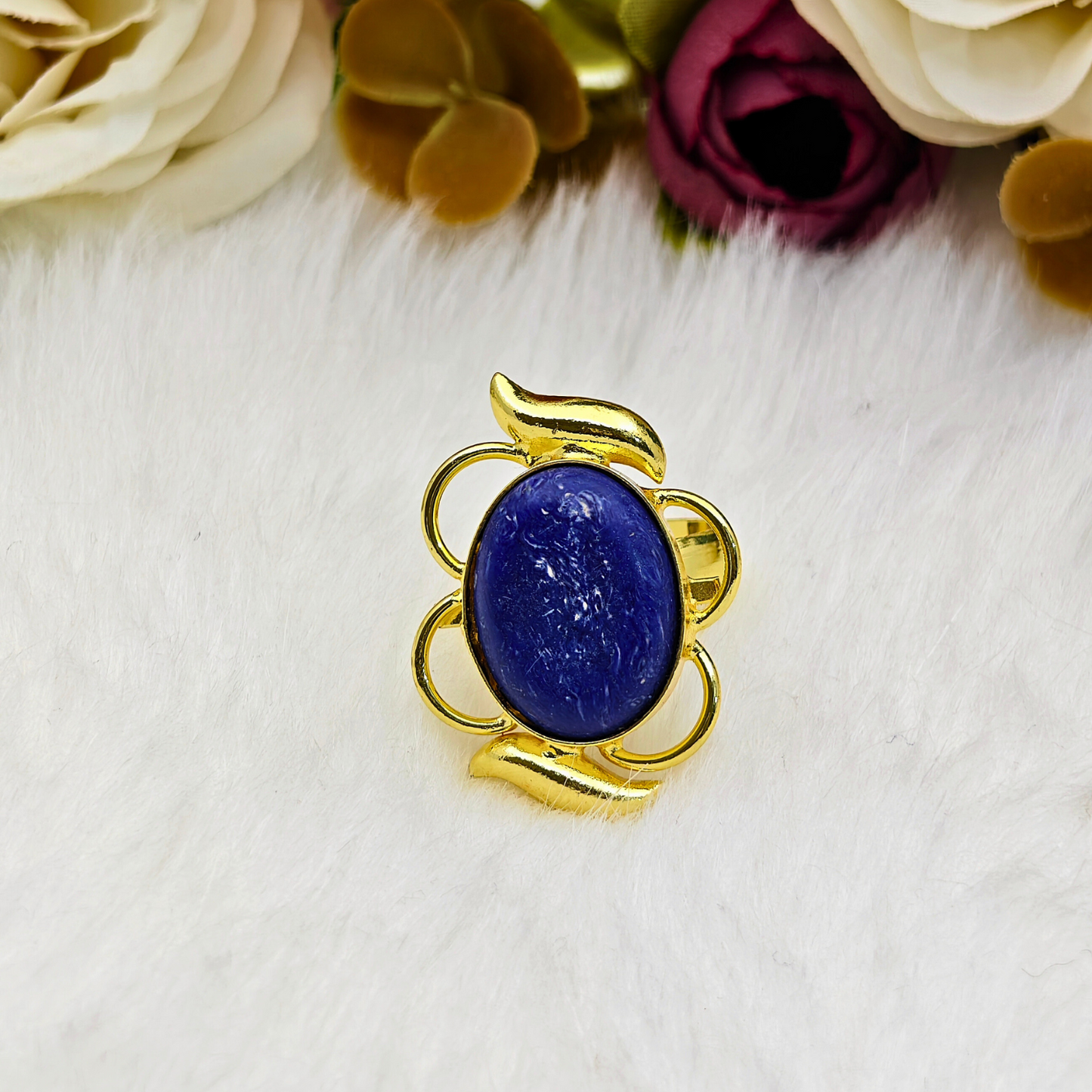 Premium Gold-Plated Brass Ring with Deep Blue Natural Stone – Elegant Floral Adjustable Statement Ring for Women