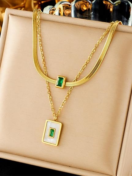 Luxury 18K Gold Plated Anti-Tarnish Layered Necklace with Green Rhinestone & Mother-of-Pearl Charm – Elegant Statement Jewelry ATCP176