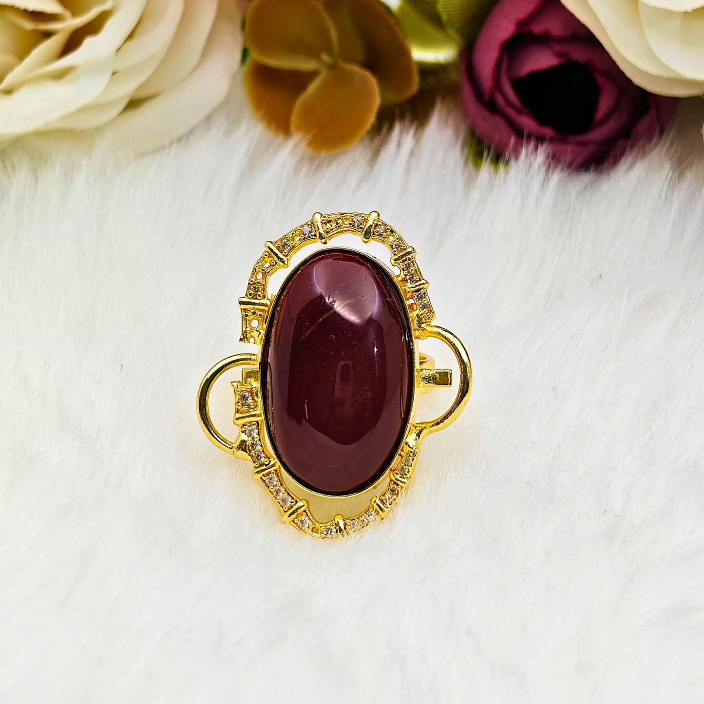 Premium Gold-Plated Brass Ring with Maroon Natural Stone – Elegant Oval Statement Ring for Women with CZ Detailing