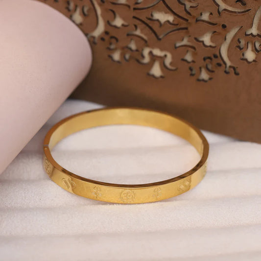 8K Gold Plated Anti-Tarnish Bracelet with Sacred Om Engraving | Unisex Spiritual Energy Bangle | Stainless Steel | Lucky for Wealth & Protection