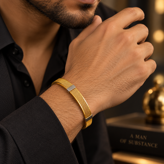 Menβs Gold Mesh Stainless Steel Bracelet β Dual-Tone Minimalist Bangle for Wrist Sizes 2.4 to 2.10