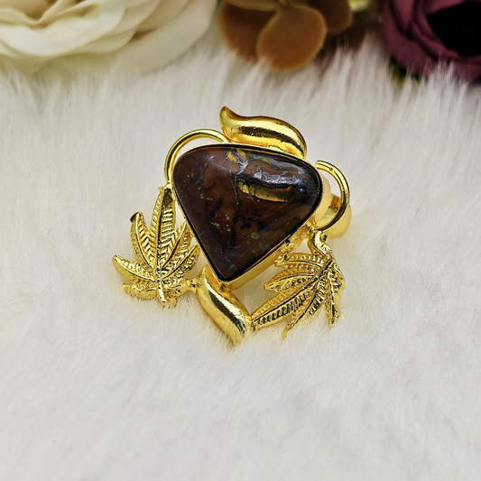 Premium Gold-Plated Brass Ring with Triangle Brown Natural Stone – Leaf Motif Adjustable Statement Ring for Women