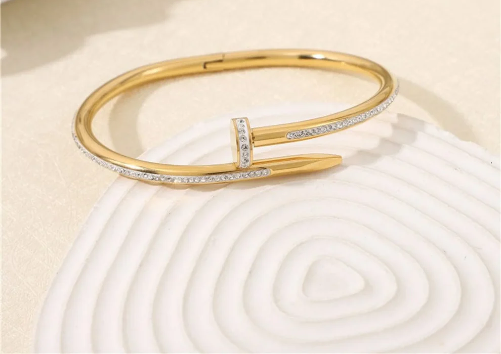 18K Gold Plated Anti-Tarnish Nail Bracelet | Stainless Steel | Diamond-Studded Elegance | Lucky Code 888 for Wealth & Style | Limited Edition Bestseller