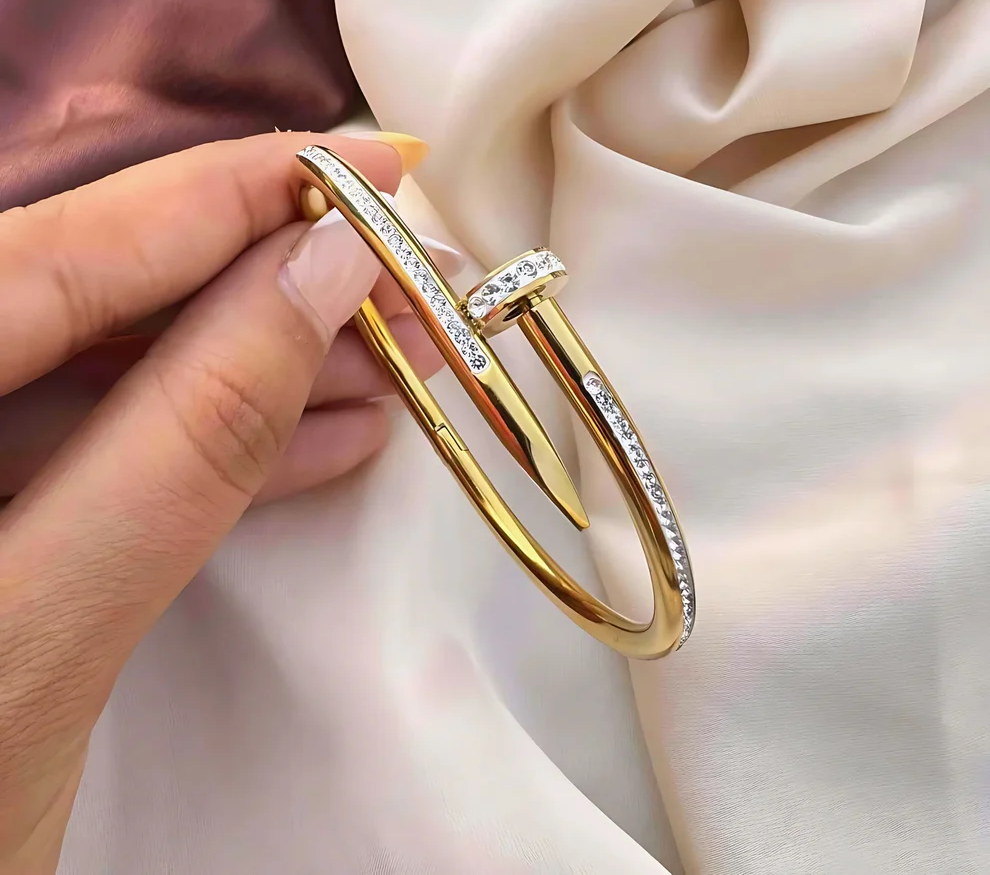 18K Gold Plated Anti-Tarnish Nail Bracelet | Stainless Steel | Diamond-Studded Elegance | Lucky Code 888 for Wealth & Style | Limited Edition Bestseller