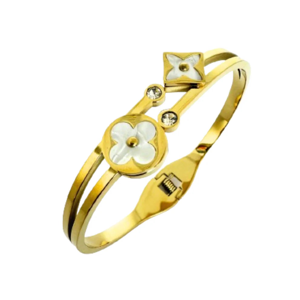 Luxury 18K Gold Plated Anti-Tarnish White Floral Shell Bangle – Elegant Dual Design for Women RGB479