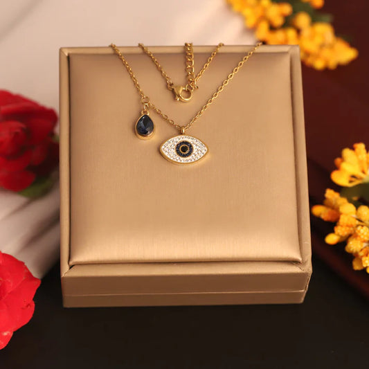 Durable 22K Gold Plated Evil Eye Pendant Necklace for Women – Anti-Tarnish Stainless Steel Chain with Blue Charm ATCP181