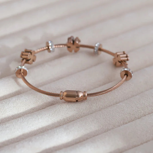 18K Rose Gold Plated Anti-Tarnish Lucky Clover Bracelet – Stainless Steel, Adjustable Size, Instant Charm & Wealth Attraction
