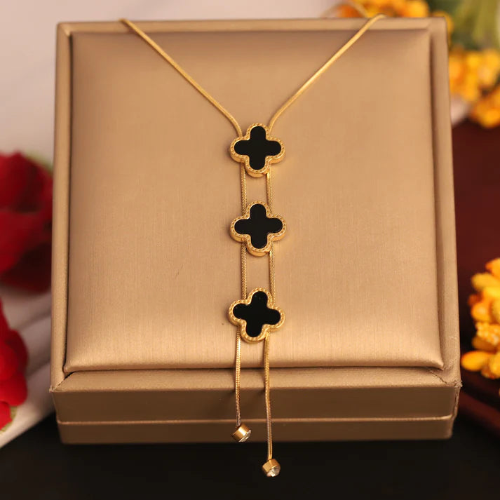 Elegant Black & Gold Clover Pendant Necklace for Women – Adjustable Layered Chain Statement Jewelry ATCP178