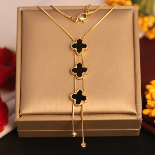 Elegant Black & Gold Clover Pendant Necklace for Women – Adjustable Layered Chain Statement Jewelry ATCP178