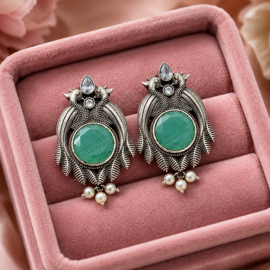 Green Stone Oxidised Peacock Earrings for Women β Vintage Pearl Drop Boho Earrings - The Soul Jewellery